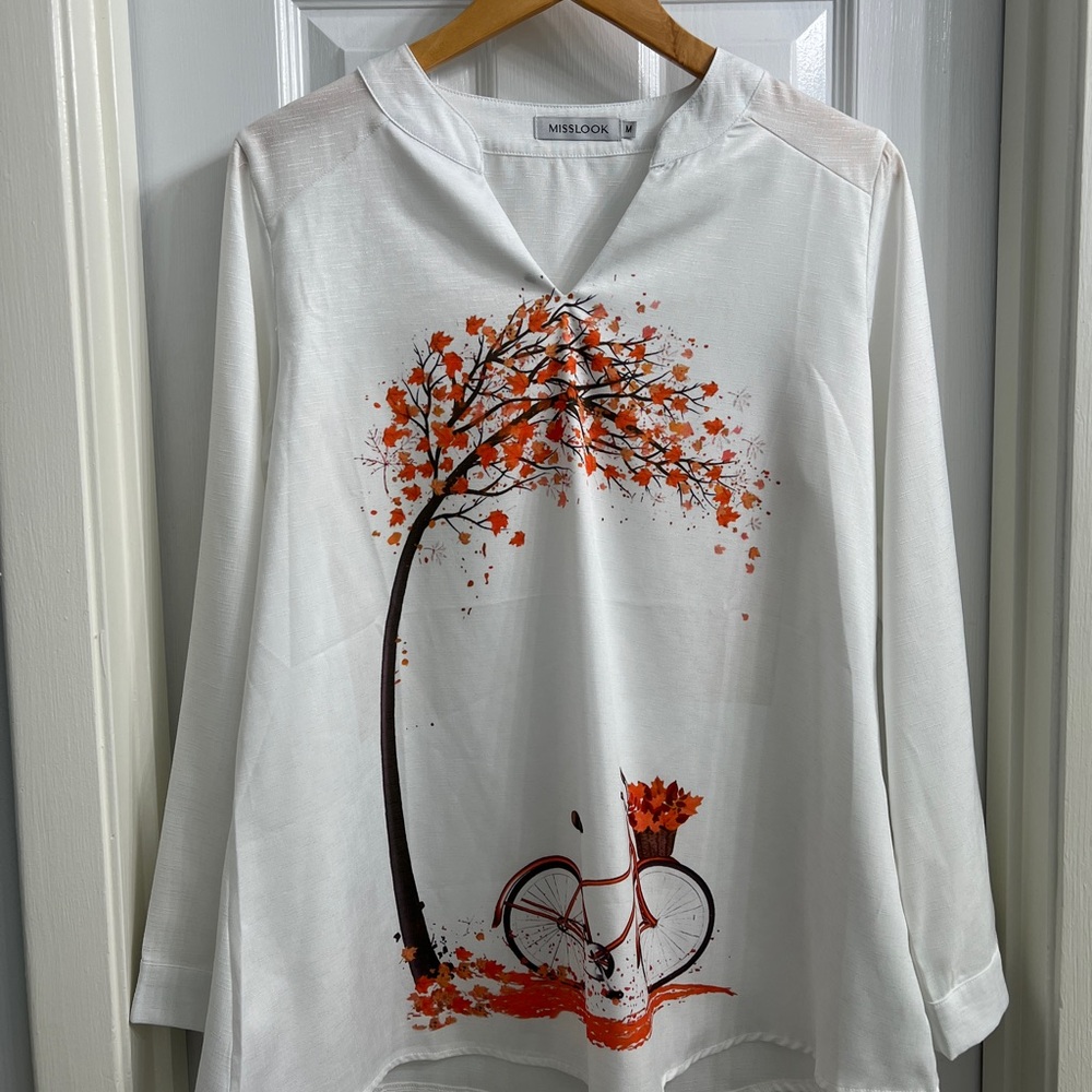 MISSLOOK White Long Sleeve Blouse – Fall Front Print, Cotton-Blend, Size M